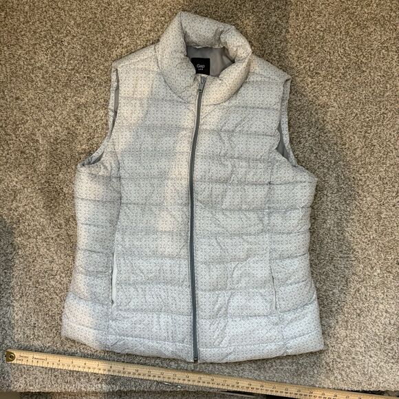 Gap Puffer  Jacket Vest Sleeveless Light Blue & White Womens Medium Full Zip - Picture 2 of 16